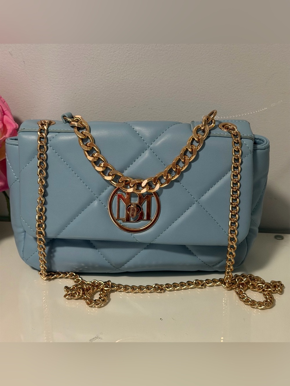 Quilted Light Blue Crossbody with Gold Chain and Round Logo - Picture 9 of 11